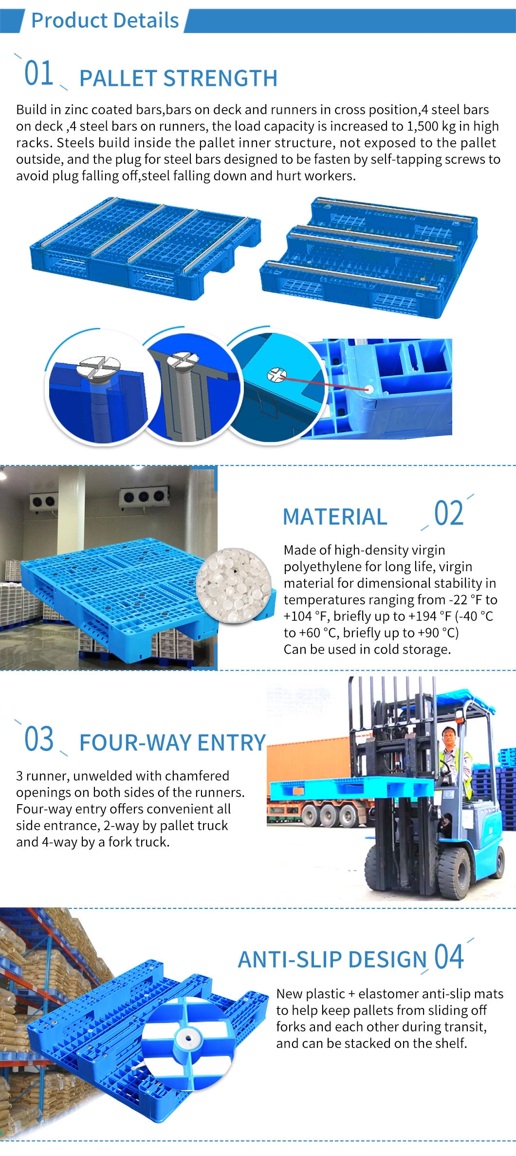 Wholesale Standard Size 1200*1000*150mm Grid 3 Skids 4 Way Entry Steel Reinforced Industrial Durable Warehouse Storage Rackable Euro Heavy Duty Plastic Pallet